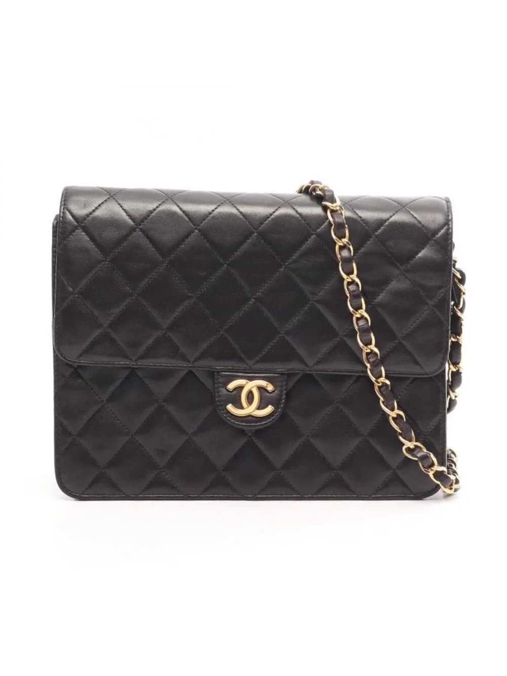Chanel Shoulder Bag Quilted Single Flap Push Lock Black Lambskin Chain